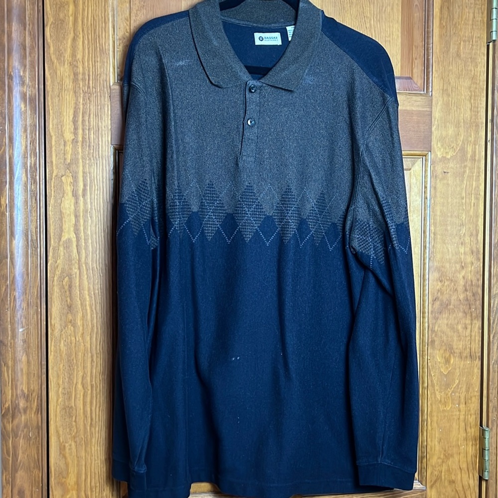 Men's Size XXL Haggar Black and Brown Argyle Polo